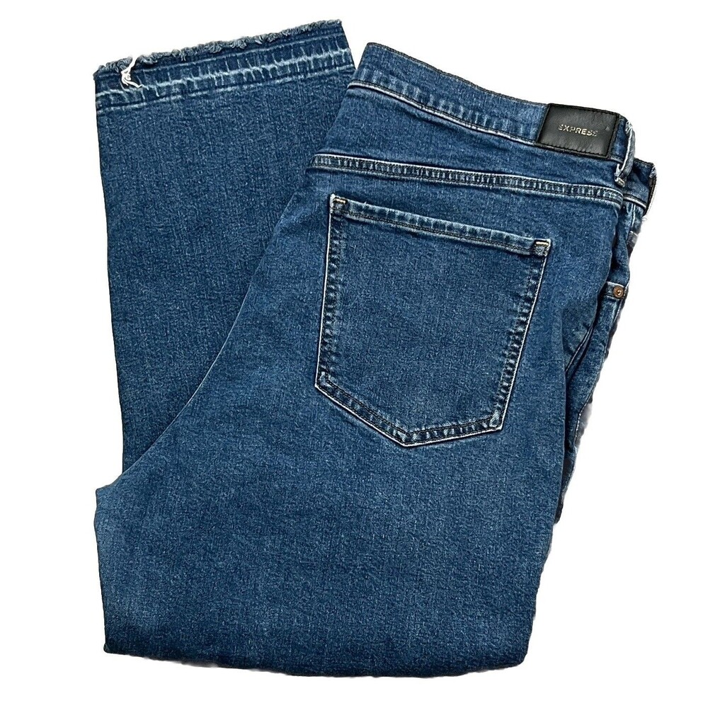 Express High Rise Crop Jeans 18 Medium Wash Straight Leg Raw Hem Stretch Denim